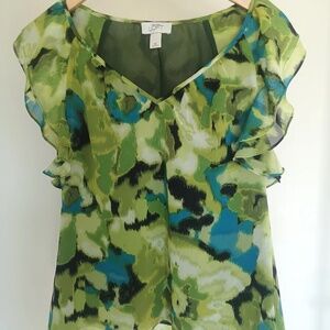 Ann Taylor LOFT Green Watercolor Ruffle Short Sleeve Blouse Top Shirt Size XS